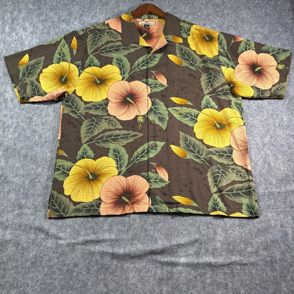 Tommy Bahama Mens Multicolor Floral Ribbed/textured Silk blend SS Button Down XL